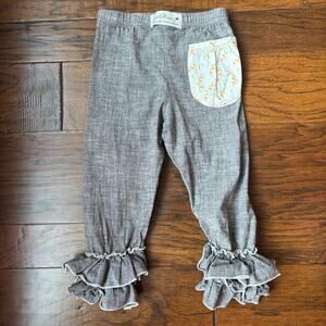 SweetHoney Girls Ruffle Pants Size 5 Gray Chambray Floral Pocket Boutique HTF